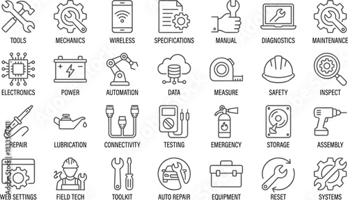 Technical tools and engineering line icons set showing maintenance, diagnostics, repair, automation, safety, electronics, equipment and system support illustration, vectorTechnical