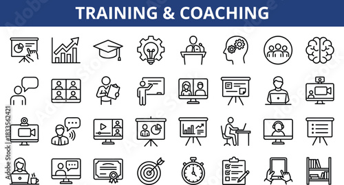 Training and coaching line icons collection showing education, leadership, online learning, business presentation, teamwork, mentoring, skills development and professional growth concepts