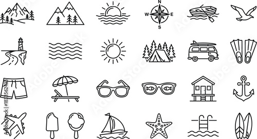 Travel and summer vacation icon set featuring beach elements, outdoor adventure symbols, camping graphics, ocean activities, holiday equipment, and coastal lifestyle illustrations