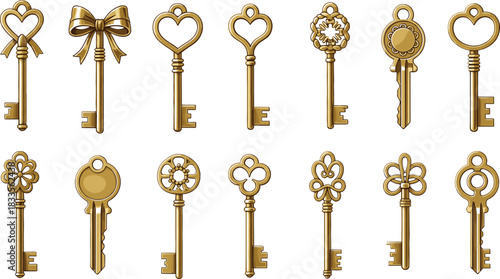Collection of ornate antique gold keys with decorative tops vintage
