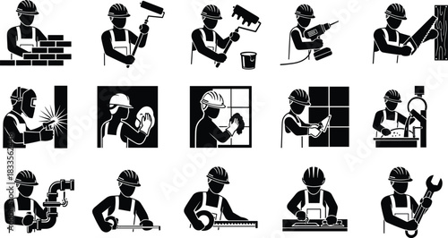 Construction worker icons showing various building and repair tasks builder mason