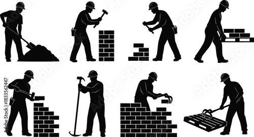 Construction worker silhouettes building brick walls and handling materials builder bricklayer