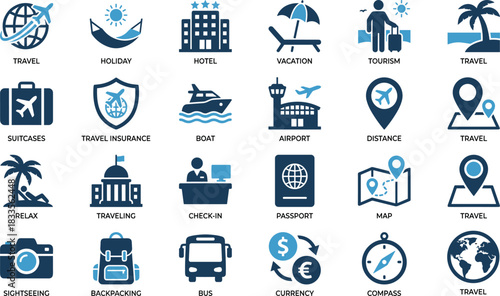 Travel and tourism icon collection featuring vacation symbols, hotel, airport, passport, map, luggage, sightseeing, transportation, holiday elements, vector design set