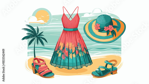 Summer Vacation Fashion Set: Dress, Sun Hat, and Sandals