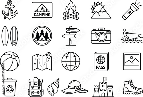 Travel camping adventure outline icon set featuring beach activities, hiking equipment, navigation symbols, outdoor recreation elements, vacation essentials, and summer holiday tools