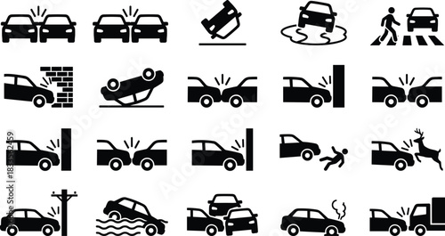 Vehicle accident icons collection showing car crashes, collisions, road hazards, rollover incidents, pedestrian accidents, and transportation safety warning symbols for insurance use