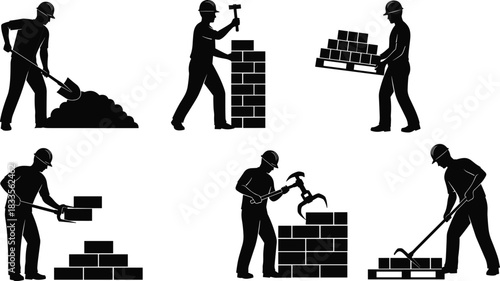 Construction workers silhouettes performing various building tasks with bricks and tools builder bricklayer