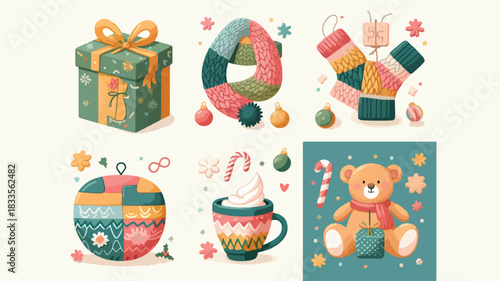 Cute Christmas Cozy Set: Teddy Bear, Gift Box, and Hot Cocoa