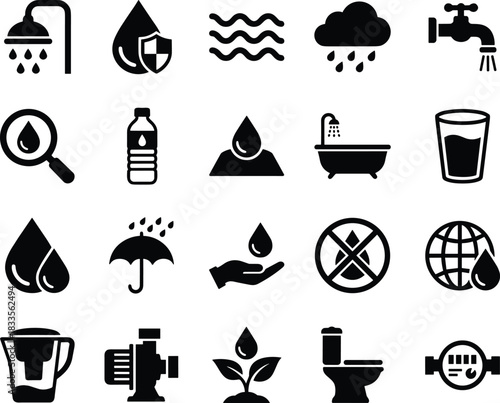 Water usage and conservation icon set showing clean water, rain, filtration, hygiene, plumbing, sustainability, protection, drinking water and eco-friendly resources
