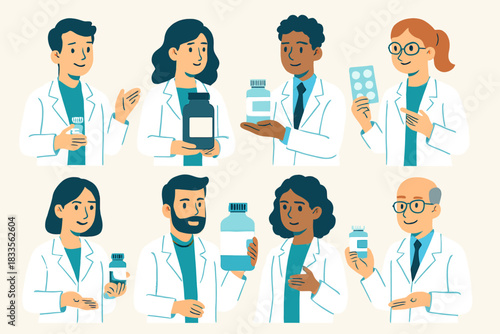 Diverse Group of Pharmacists and Doctors Holding Medicine Bottles and Blister Packs.