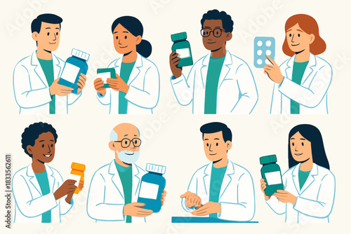 Diverse Group of Pharmacists and Doctors Holding Medicine Bottles and Blister Packs.