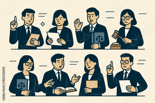 Diverse group of legal professionals in various poses and expressions.