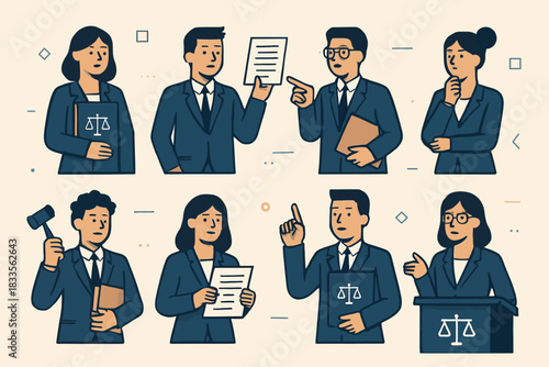 Diverse Group of Lawyers and Legal Professionals in Various Poses.