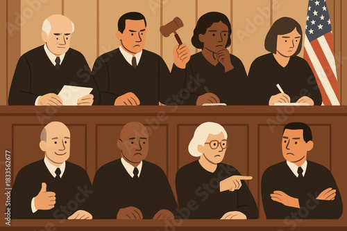 Diverse Group of Judges Presiding in a Courtroom Setting.