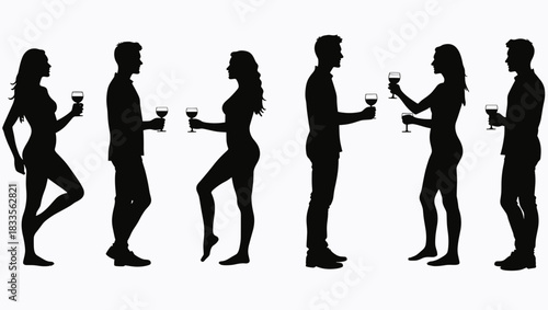 vector silhouettes of women and men standing on meeting hold glasses