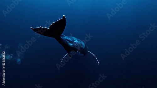 Enormous blue whale sea animal diving into endless oceanic void