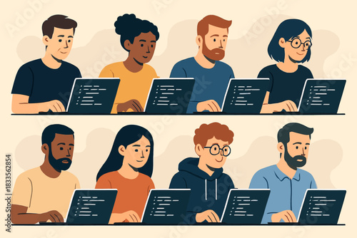 Diverse Group of Programmers Coding on Laptops in a Collaborative Setting.