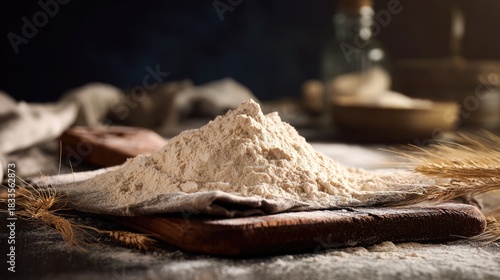 emmer. Coarsely ground emmer flour on a rustic wooden board, textured surface. menu design, packaging mockups, designed for food delivery and cloud-kitchen brand materials.