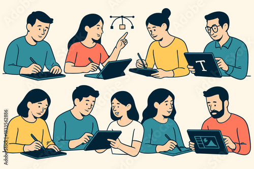 Diverse group of graphic designers working on digital tablets and laptops.