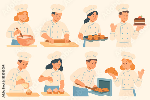 A collection of diverse chefs and bakers preparing various pastries and desserts in a professional kitchen setting.