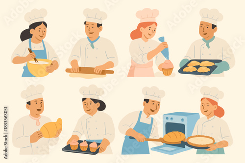 Diverse Group of Chefs and Bakers Preparing Various Dishes and Pastries.