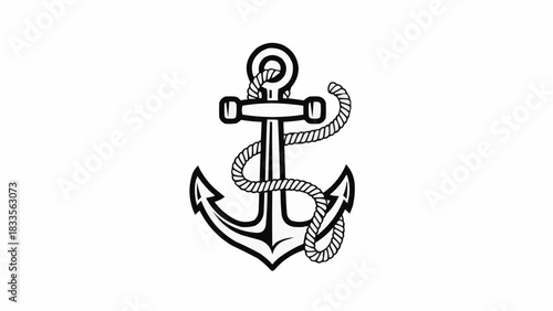 Detailed Anchor Illustration with Rope, Nautical Theme, Black and White.