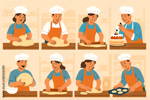 A group of people baking together, showcasing various stages of the baking process from kneading dough to decorating a cake.