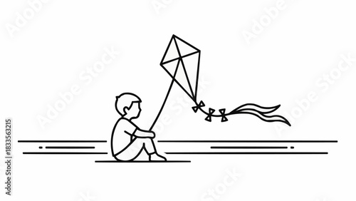 Simple line art illustration of a young boy sitting with a kite.