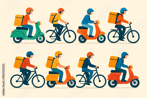 Diverse group of delivery riders on scooters and bicycles for efficient service.