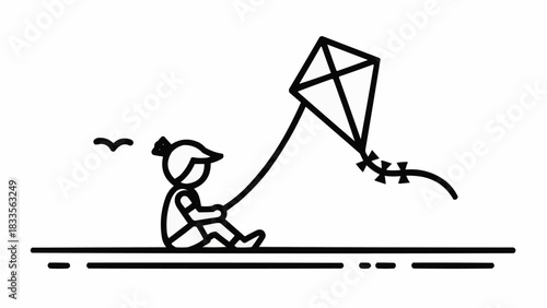 Simple line art icon of a child sitting and flying a kite.