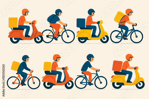 Delivery riders on scooters and bicycles delivering packages.