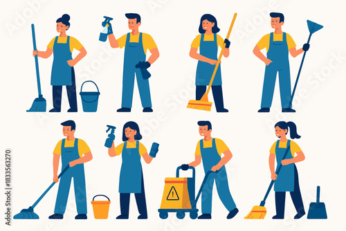 Professional cleaning service staff with various tools and equipment.
