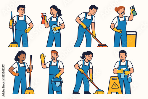 Diverse Group of Professional Cleaners with Various Cleaning Tools.