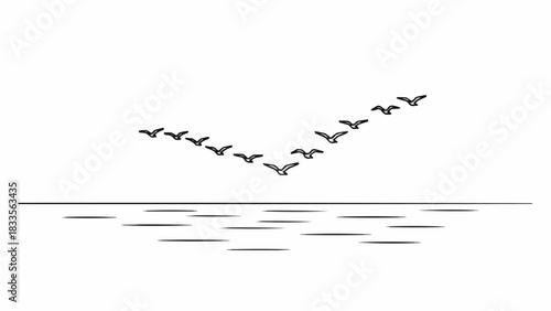 Birds flying in formation over the ocean during migration season.