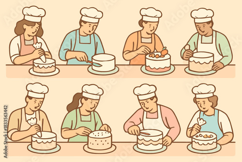 A group of chefs decorating cakes with various toppings and icings, showcasing their baking skills.