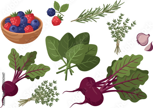 Vibrant collection of fresh organic berries, spinach, beetroots, and aromatic herbs like rosemary and thyme, ideal for healthy eating, nutritious recipes, and a balanced lifestyle