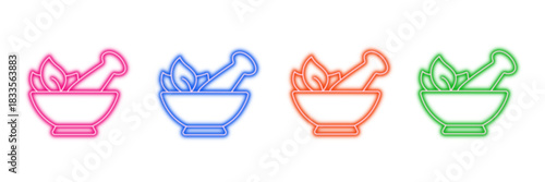 Neon glowing mortar and pestle vector icons set, pharmacy, medicine, herbal, natural, remedy, grinding, healthcare, vibrant colorful digital design illustration on transparent background.
