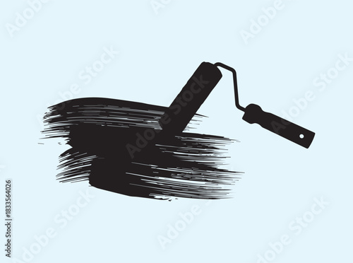 Bold workshop themed paint roller silhouette with sweeping stroke effect
