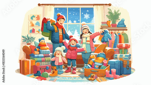 illustration of a happy family wanting to go on a winter and Christmas vacation