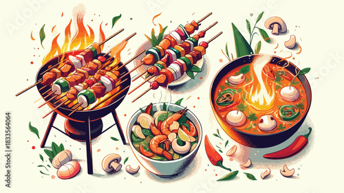 Spicy Asian Food Illustration Set: BBQ, Soup, and Shrimp