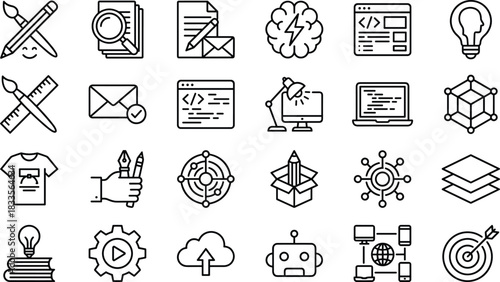 Creative design and coding icons collection with digital tools, web development symbols, artistic elements, innovation concepts, technology interface graphics for projects