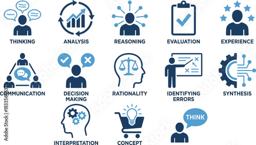 Critical thinking and problem-solving skill icons showing analysis, reasoning, decision making, communication, evaluation, synthesis, interpretation and concept development