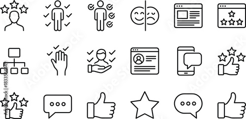 Customer feedback icons collection featuring rating stars, review symbols, approval signs, profile evaluations, communication bubbles, quality assurance and satisfaction graphics