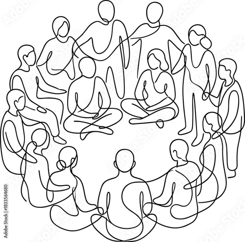 Continuous line drawing group circle illustration representing teamwork, community support, unity, collaboration, communication, connection, shared mindfulness, group discussion concept
