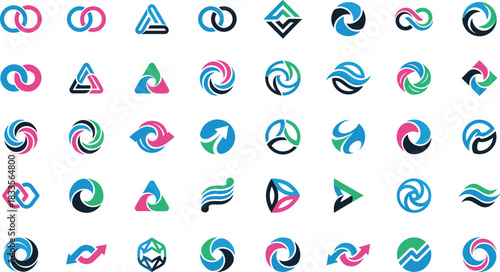 Colorful modern abstract logo collection with circular, triangular, wave, and arrow shapes, ideal for branding, corporate identity, startup design, and business graphics