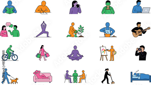 Colorful lifestyle activity illustrations showing people reading, working, exercising, cooking, relaxing, shopping, meditating, cycling, and performing daily routines for modern design projects