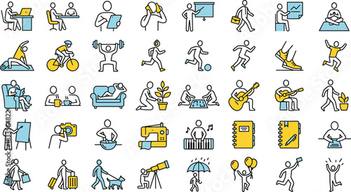 Colorful lifestyle activity icons collection with fitness, hobbies, work, relaxation, sports, creativity, daily routines, leisure symbols for modern illustrations