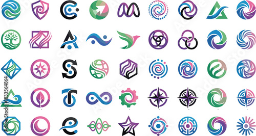Colorful abstract logo collection featuring modern branding symbols, circular shapes, geometric forms, gradient designs, creative icons, and corporate identity elements