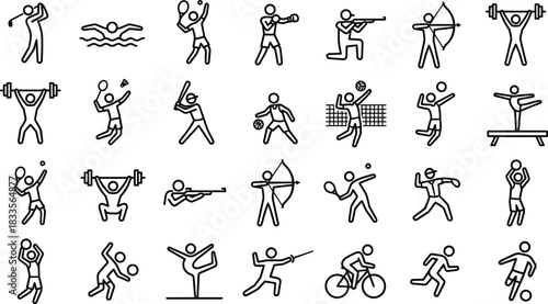 Collection of sports activity icons featuring athletes performing various games, fitness exercises, competitive sports, training movements, recreation symbols, outline illustrations