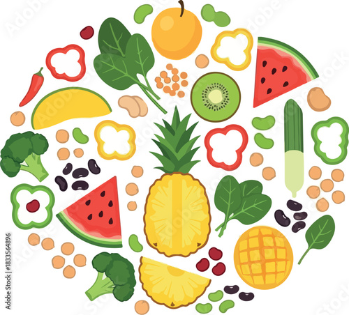 A vibrant circular composition of fresh fruits, vegetables, beans, and nuts, illustrating the concept of a healthy, balanced plant-based diet